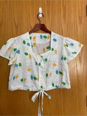 Novelty Print Vintage Crop Top 70s Thumbprint Birds Women 10 or Girls XL